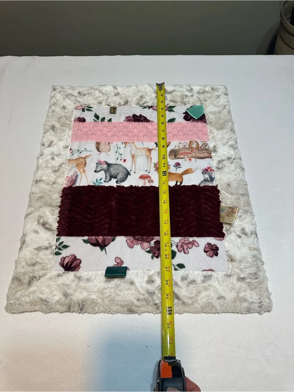 Woodland Floral Forest minky taggie & Burp Cloth Set - Pink, Cream & Burgundy